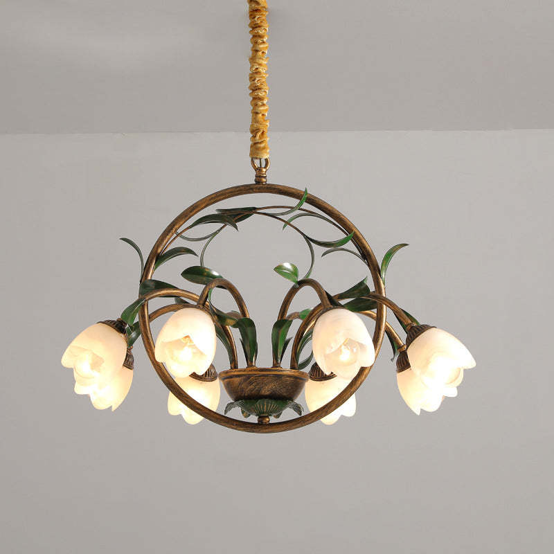 Art Deco Iron Lacquered Ring Tulip Glass Crystal Chandelier