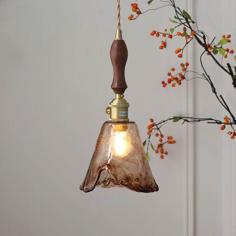 Modern Eclectic Amber Glass Walnut Pendant Light