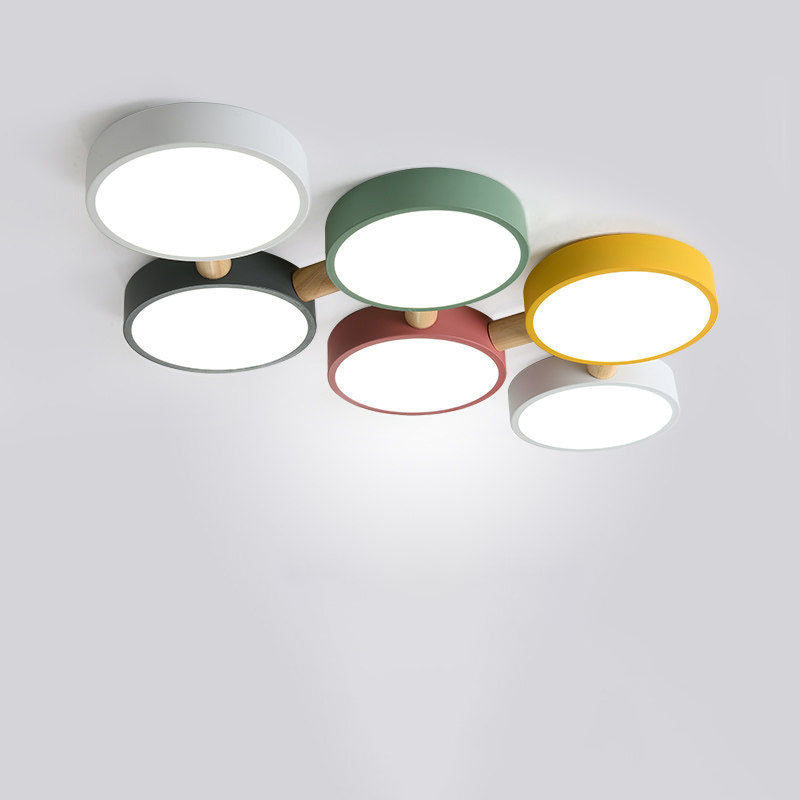 Scandinavian Macaron Iron Geometric Wood LED Flush Light