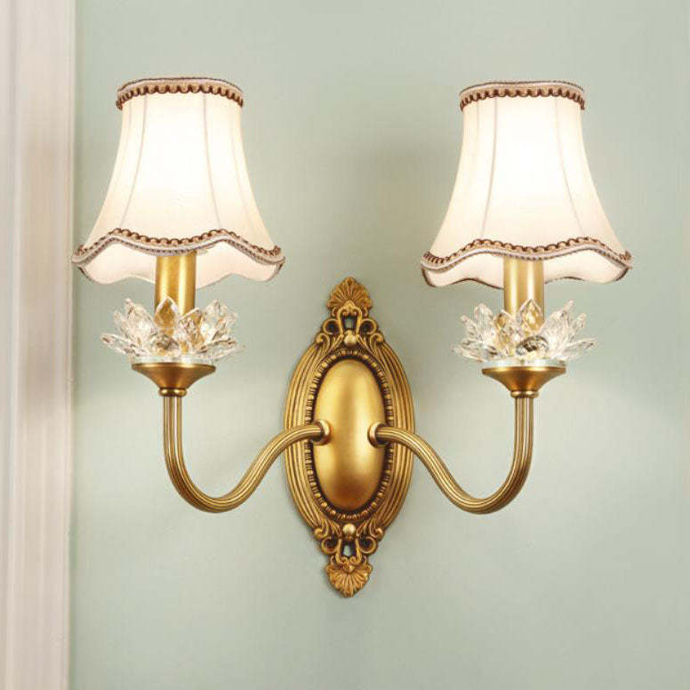 European Luxury Fabric Brass Carved 1/2 Light Wall Sconce Lamp