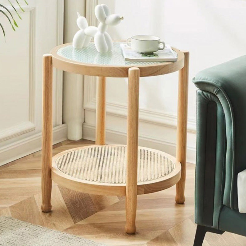 Minimalist Glass Rattan Wood 2-Tier Round Coffee Table