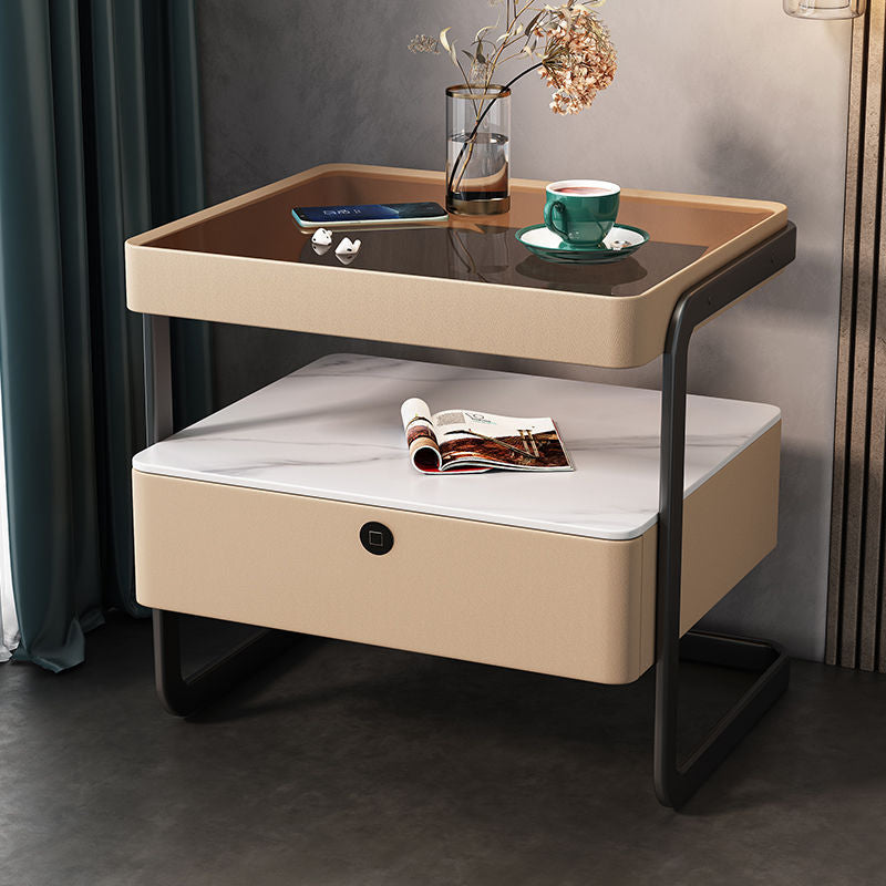 Minimalist Lock Tempered Glass Iron Nightstand