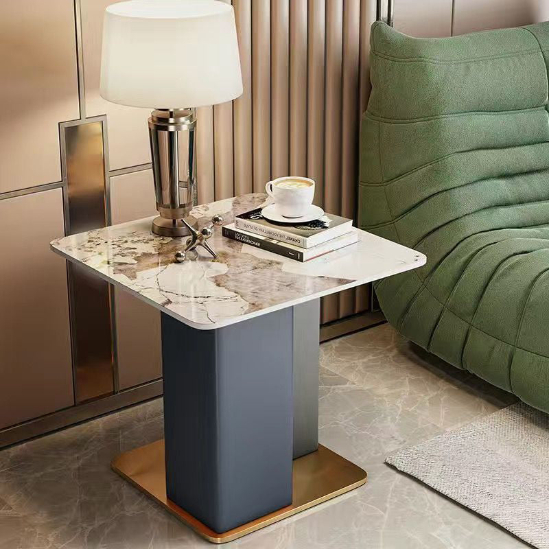 Scandinavian Slate Leather Wood Steel End Table — Gray / Orange