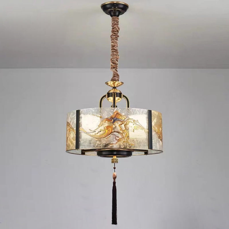 Chinese Enamel Glass Cylinder Brass Chandelier