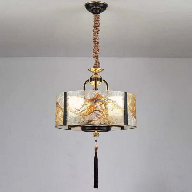 Chinese Enamel Glass Cylinder Brass Chandelier
