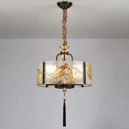 Chinese Enamel Glass Cylinder Brass Chandelier