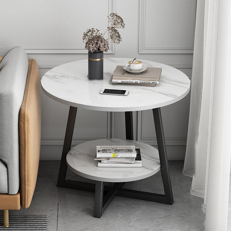 Modern Round Iron 2-Tier Side Table — White Panel + Black Frame