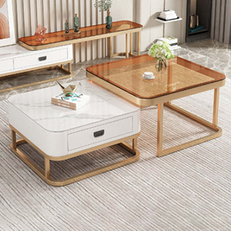 Minimalist Rock Slab Glass Square Coffee Table 1-Drawer