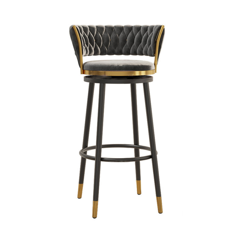 Contemporary Round Velvet Swivel Bar Stool — Blue Seat + Gold Legs