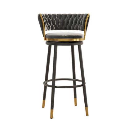 Contemporary Round Velvet Swivel Bar Stool — Blue Seat + Gold Legs