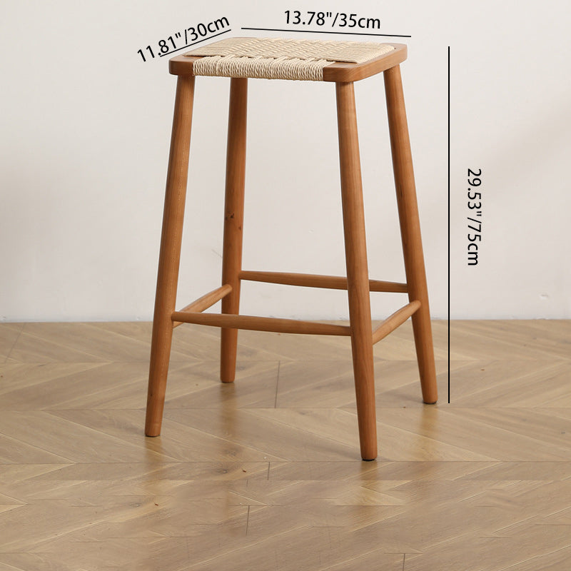Japanese Rope Woven Wooden Bar Stool — Cherry Wood Color Frame + Coffee Color Paper Rope