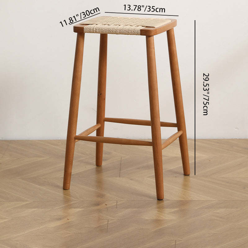 Japanese Rope Woven Wooden Bar Stool — Cherry Wood Color Frame + Coffee Color Paper Rope