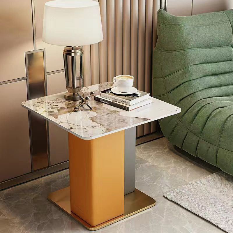 Scandinavian Slate Leather Wood Steel End Table — Gray / Brown