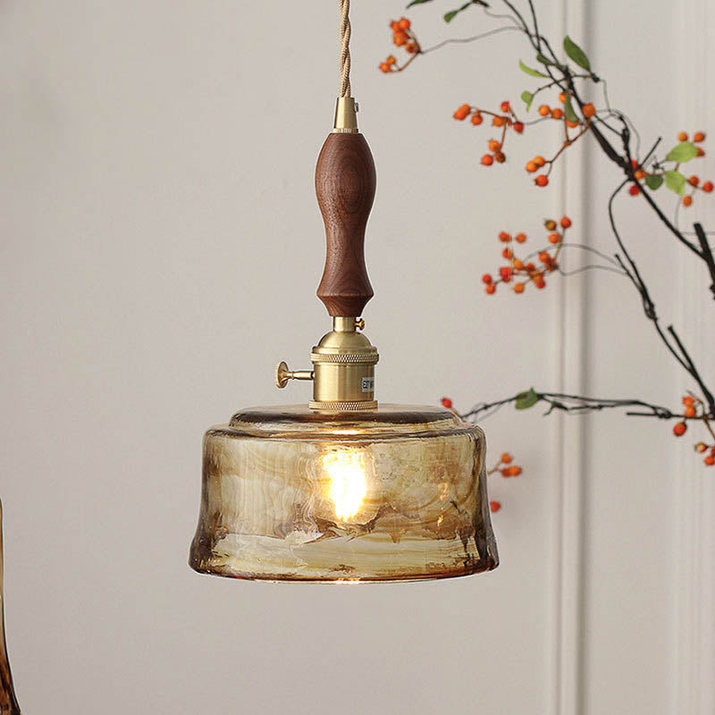 Modern Eclectic Amber Glass Walnut Pendant Light