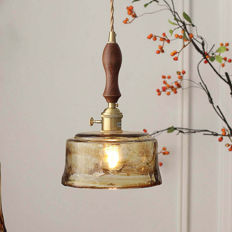 Modern Eclectic Amber Glass Walnut Pendant Light