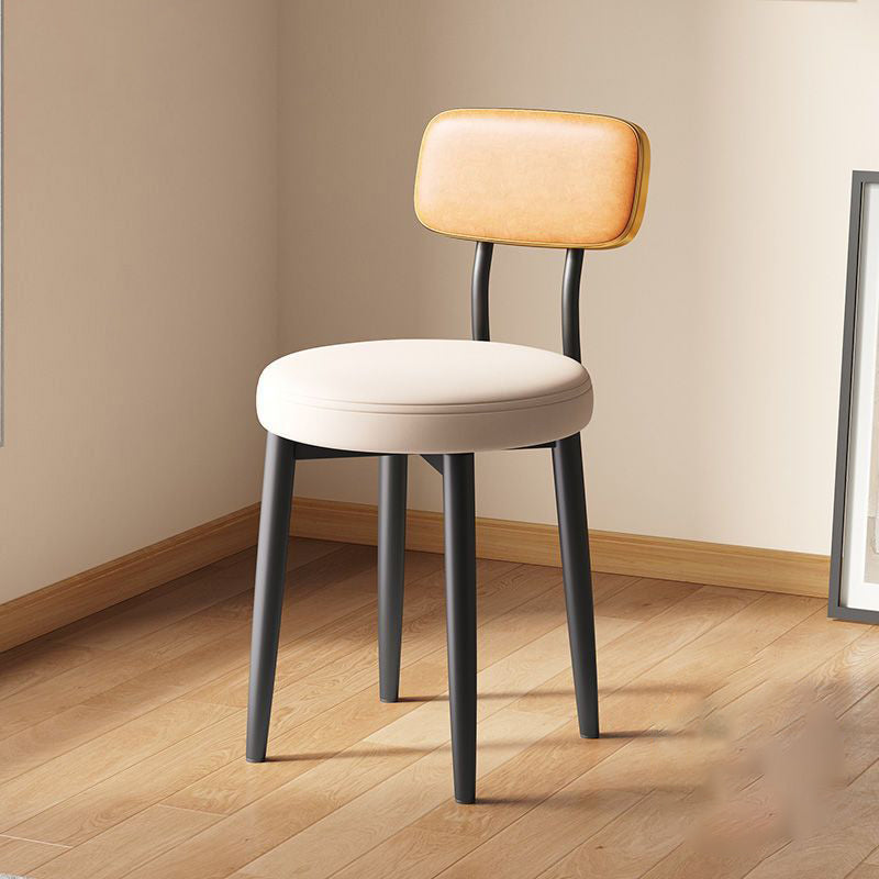 Minimalist Leather Metal Round Rectangular-Back Dining Chair — Orange Backrest + Beige Seat