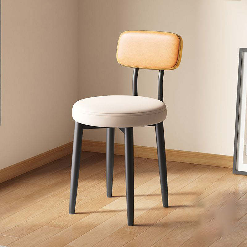 Minimalist Leather Metal Round Rectangular-Back Dining Chair — Orange Backrest + Beige Seat