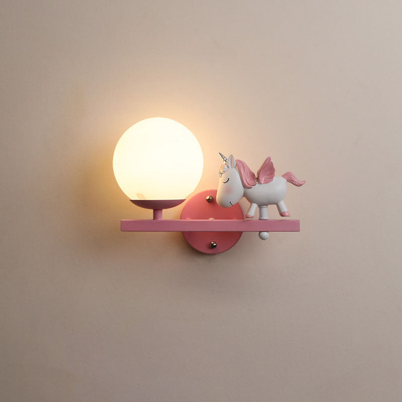 Kids Girls Unicorn Orb Resin Iron Glass Wall Sconce — C - Pink / Right / 110V-120V For US/CA