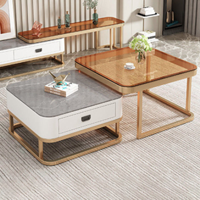 Minimalist Rock Slab Glass Square Coffee Table 1-Drawer