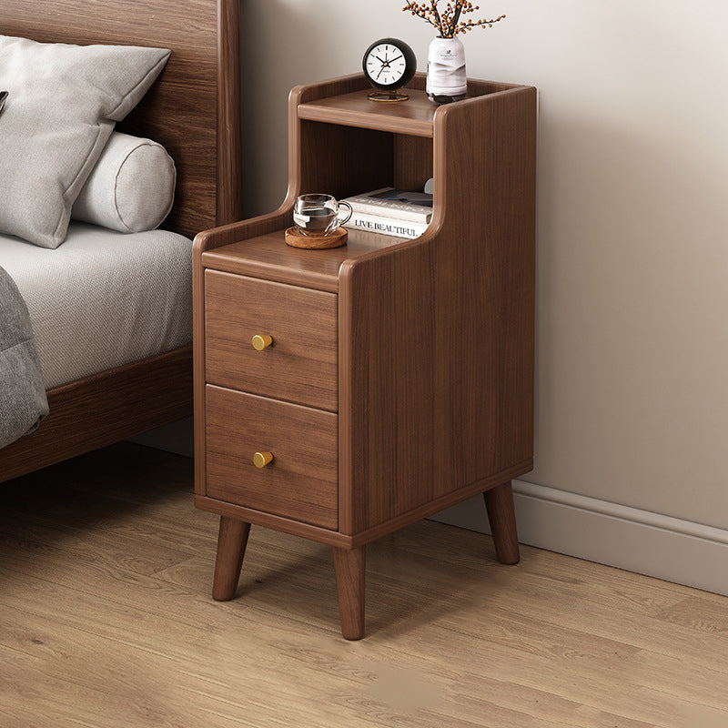 Chinese Wood Nightstand 2-Drawer Shelf — Original Wood Color
