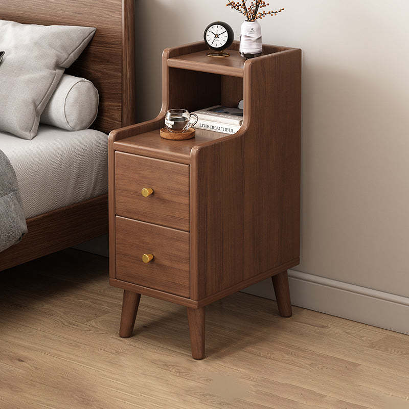 Chinese Wood Nightstand 2-Drawer Shelf — Original Wood Color
