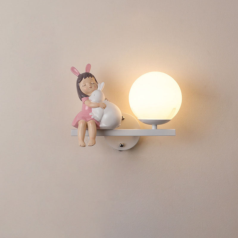 Kids Girls Unicorn Orb Resin Iron Glass Wall Sconce — C - Pink / Right / 220V-240V For UK/AU