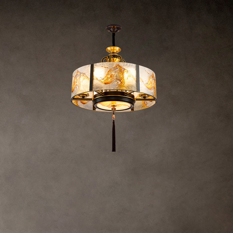 Chinese Enamel Glass Cylinder Brass Chandelier