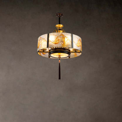 Chinese Enamel Glass Cylinder Brass Chandelier
