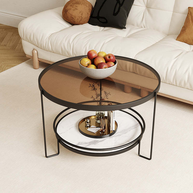 Minimalist Round Glass Rock Slab Coffee Table — Teal Glass + White Frame