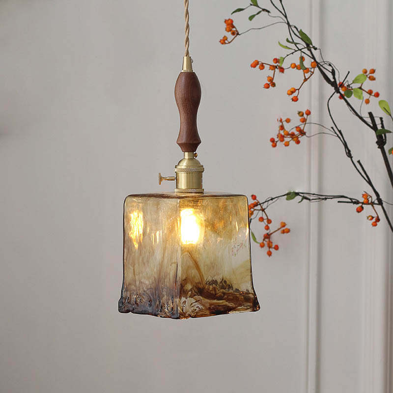 Modern Eclectic Amber Glass Walnut Pendant Light