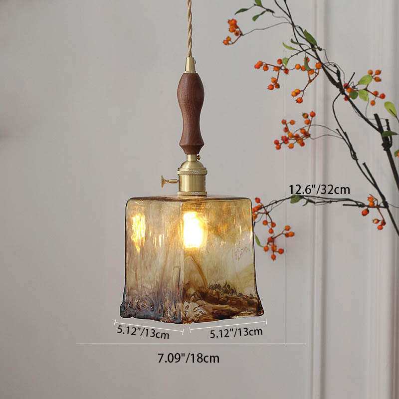 Modern Eclectic Amber Glass Walnut Pendant Light