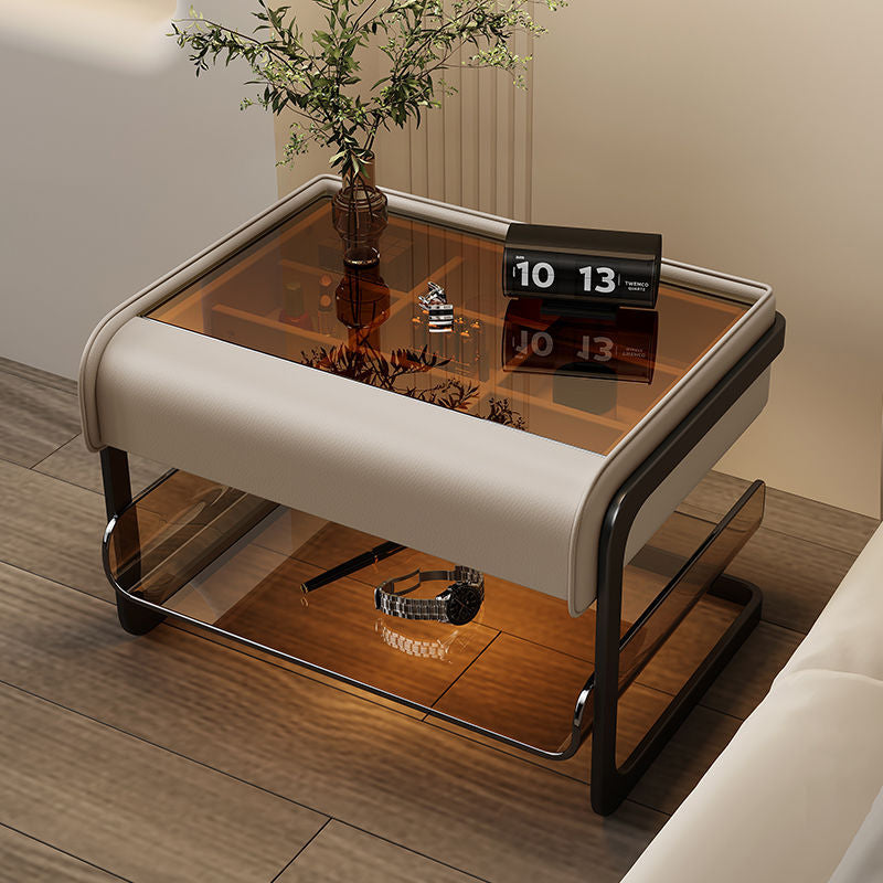 Smart Sensing Glass Wood 2-Tier Side Table — Smart Sensing Mode / Khaki