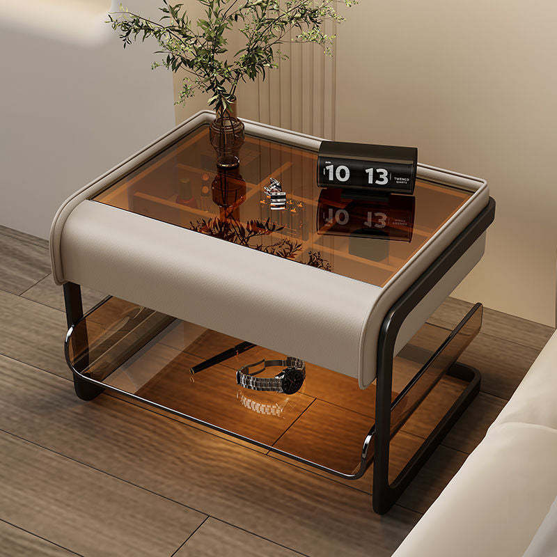Smart Sensing Glass Wood 2-Tier Side Table — Smart Sensing Mode / Khaki