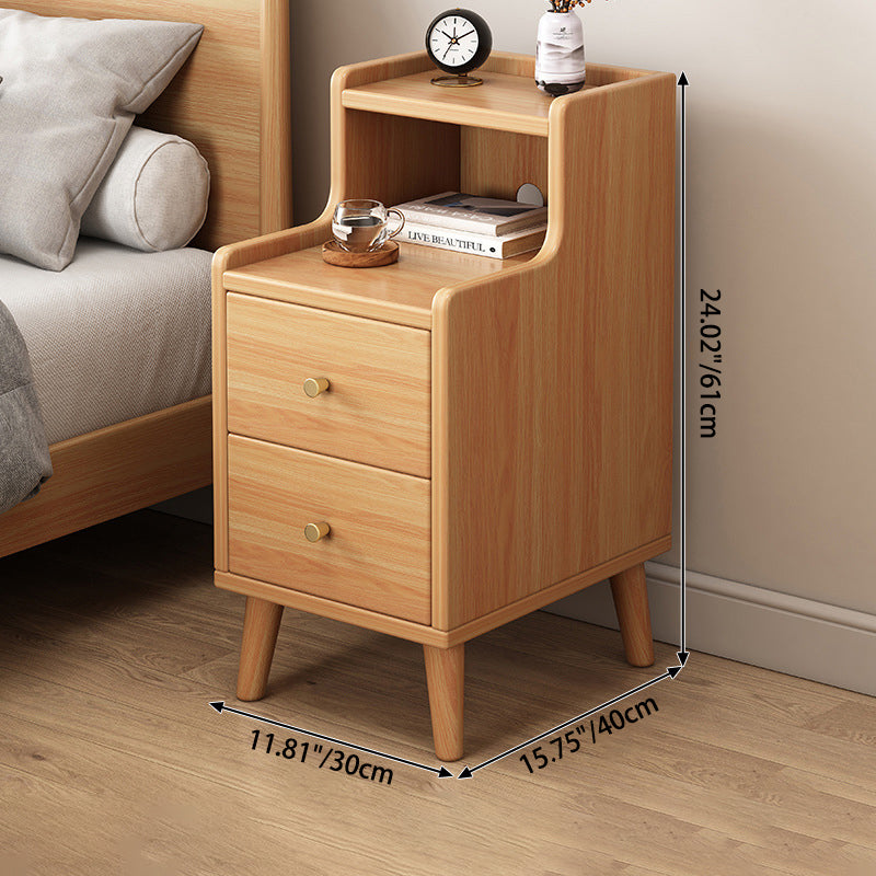 Chinese Wood Nightstand 2-Drawer Shelf — Original Wood Color