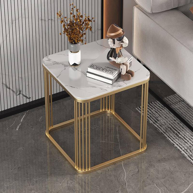 Minimalist Rock Slab Metal Coffee Table — White Gray + Black Frame