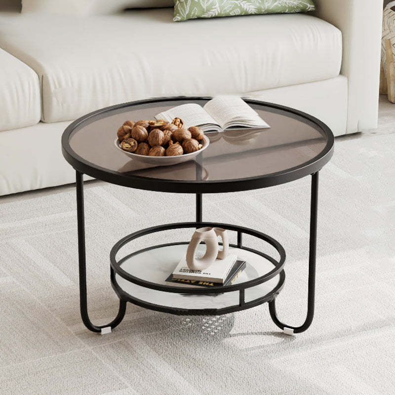 Modern Round Striped Glass Metal Coffee Table — Gold / Tea Color Glass