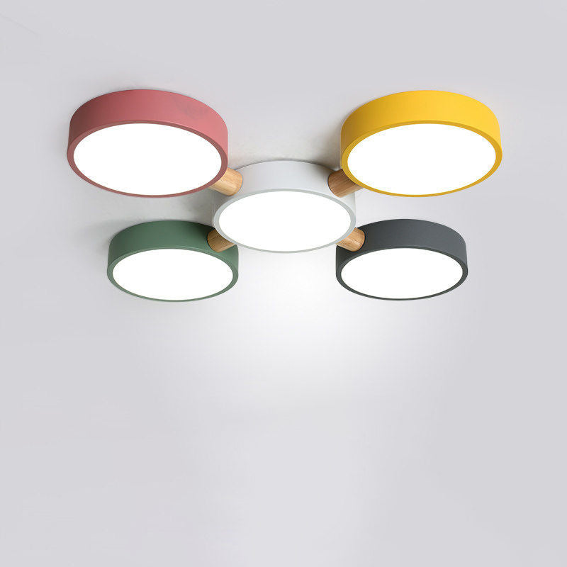 Scandinavian Macaron Iron Geometric Wood LED Flush Light