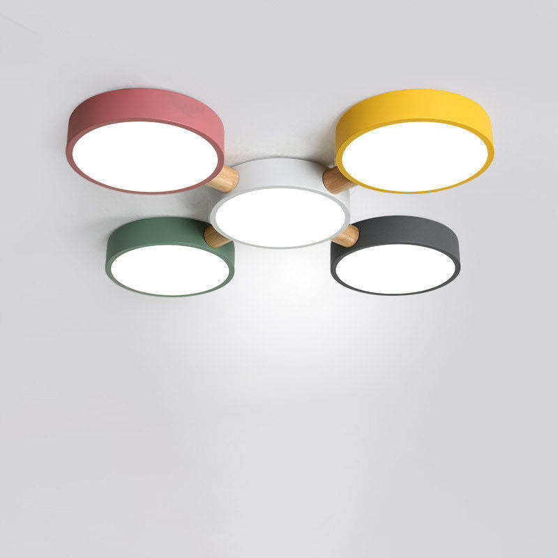 Scandinavian Macaron Iron Geometric Wood LED Flush Light
