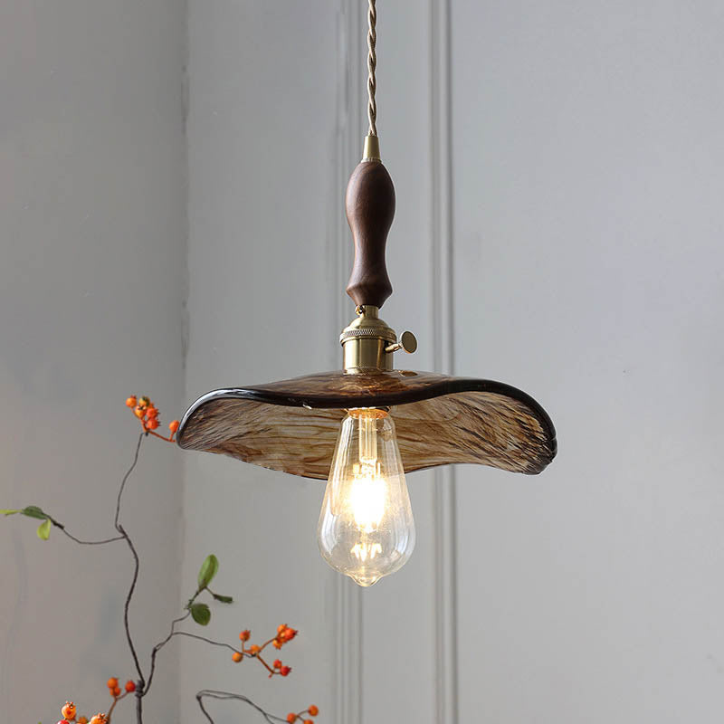 Modern Eclectic Amber Glass Walnut Pendant Light