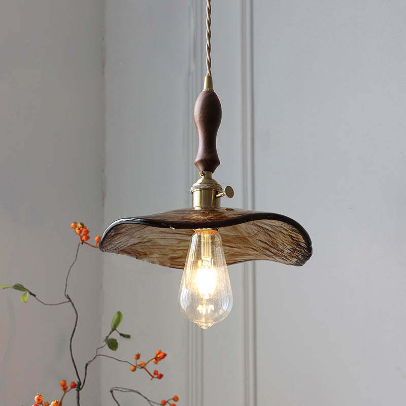 Modern Eclectic Amber Glass Walnut Pendant Light