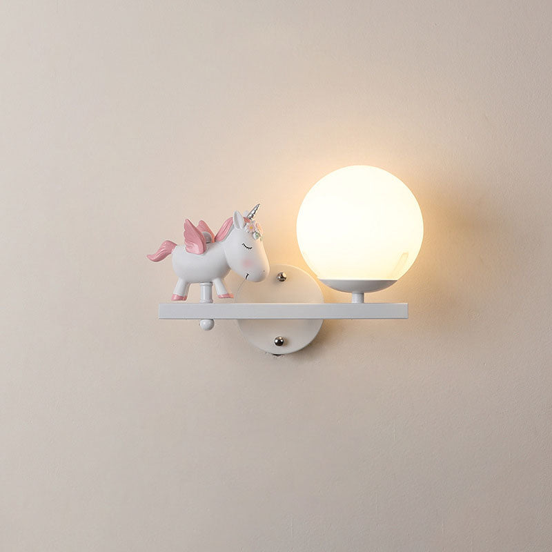Kids Girls Unicorn Orb Resin Iron Glass Wall Sconce — C - White / Left / 220V-240V For UK/AU