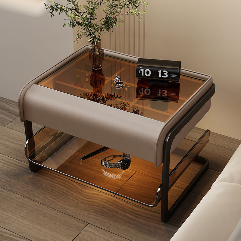 Smart Sensing Glass Wood 2-Tier Side Table — Smart Sensing Mode / Khaki Pink
