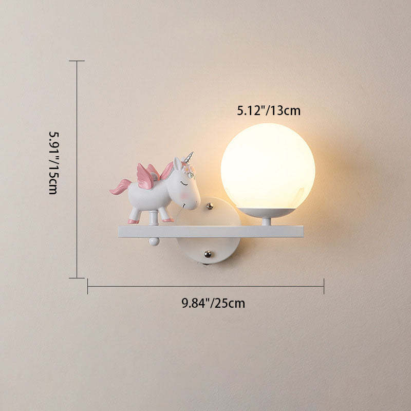 Kids Girls Unicorn Orb Resin Iron Glass Wall Sconce — A - White / Left / 220V-240V For UK/AU