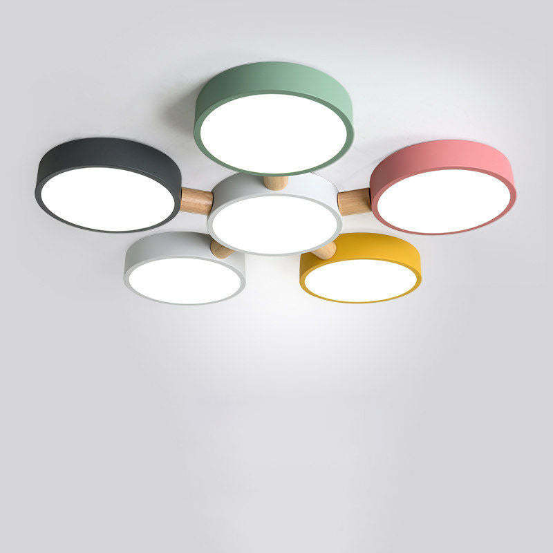 Scandinavian Macaron Iron Geometric Wood LED Flush Light