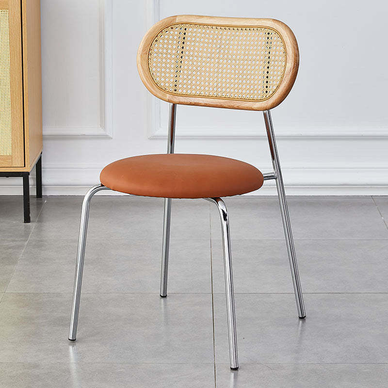 Vintage Rattan Arc Dining Chair — Electroplated Legs + Cherry Wood Color Backrest +Brown Seat