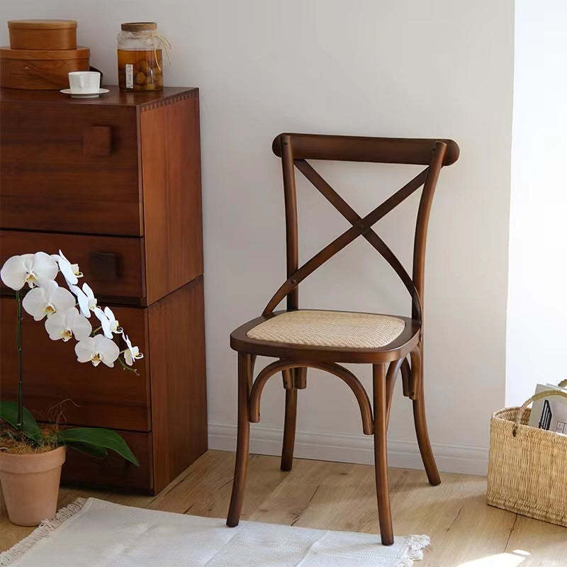 Rustic Woven Rattan Wood Dining Chair — Stackable / Wood Color / Wood