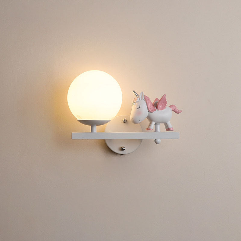 Kids Girls Unicorn Orb Resin Iron Glass Wall Sconce — C - White / Right / 110V-120V For US/CA