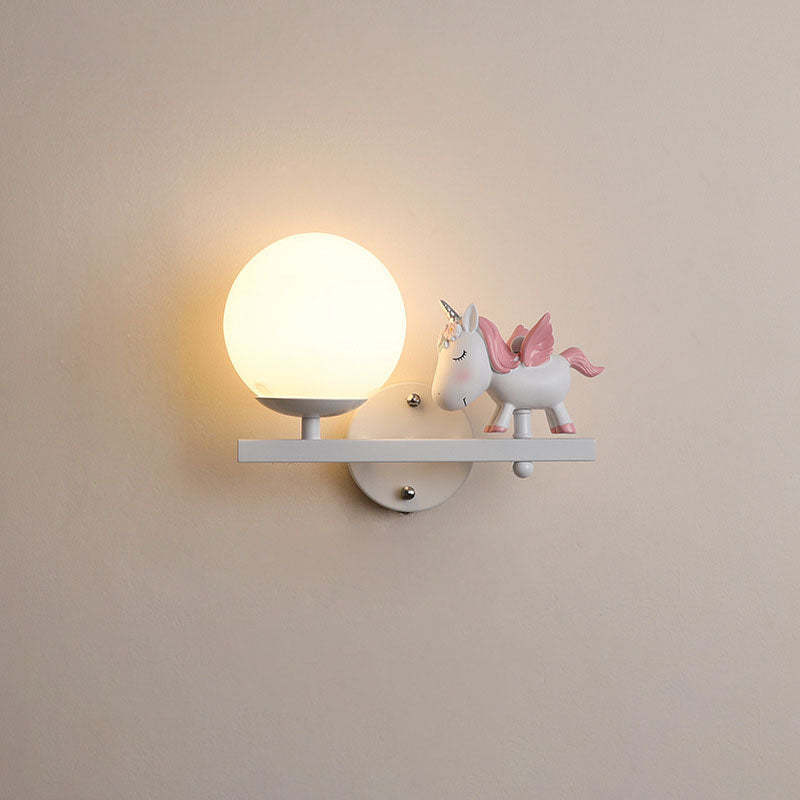 Kids Girls Unicorn Orb Resin Iron Glass Wall Sconce — C - White / Right / 110V-120V For US/CA