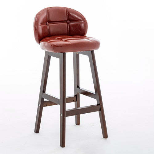 Minimalist Wood Leather Bar Stool — Dark Brown / Red