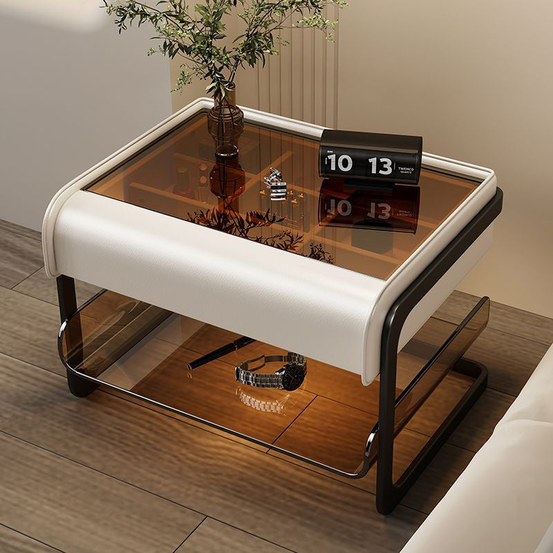 Smart Sensing Glass Wood 2-Tier Side Table — Smart Sensing Mode / Cream White